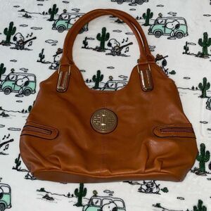 Vintage faux leather boho khaki brown cognac faux leather purse gold hardware